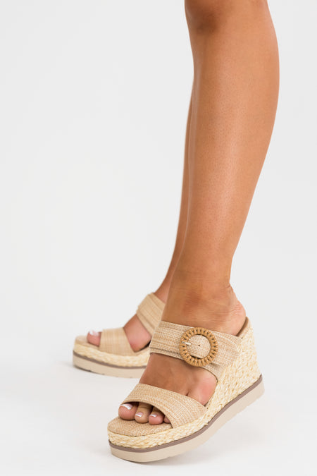 Latte Chunky Platform Raffia Wedge Heels