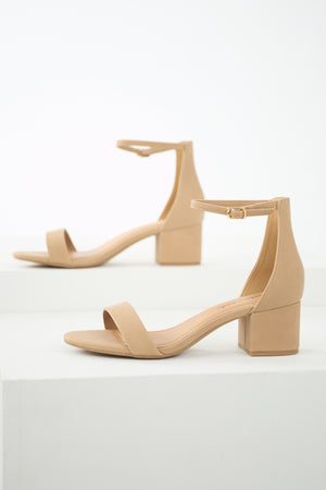 Latte Faux Leather Ankle Strap Block Heels