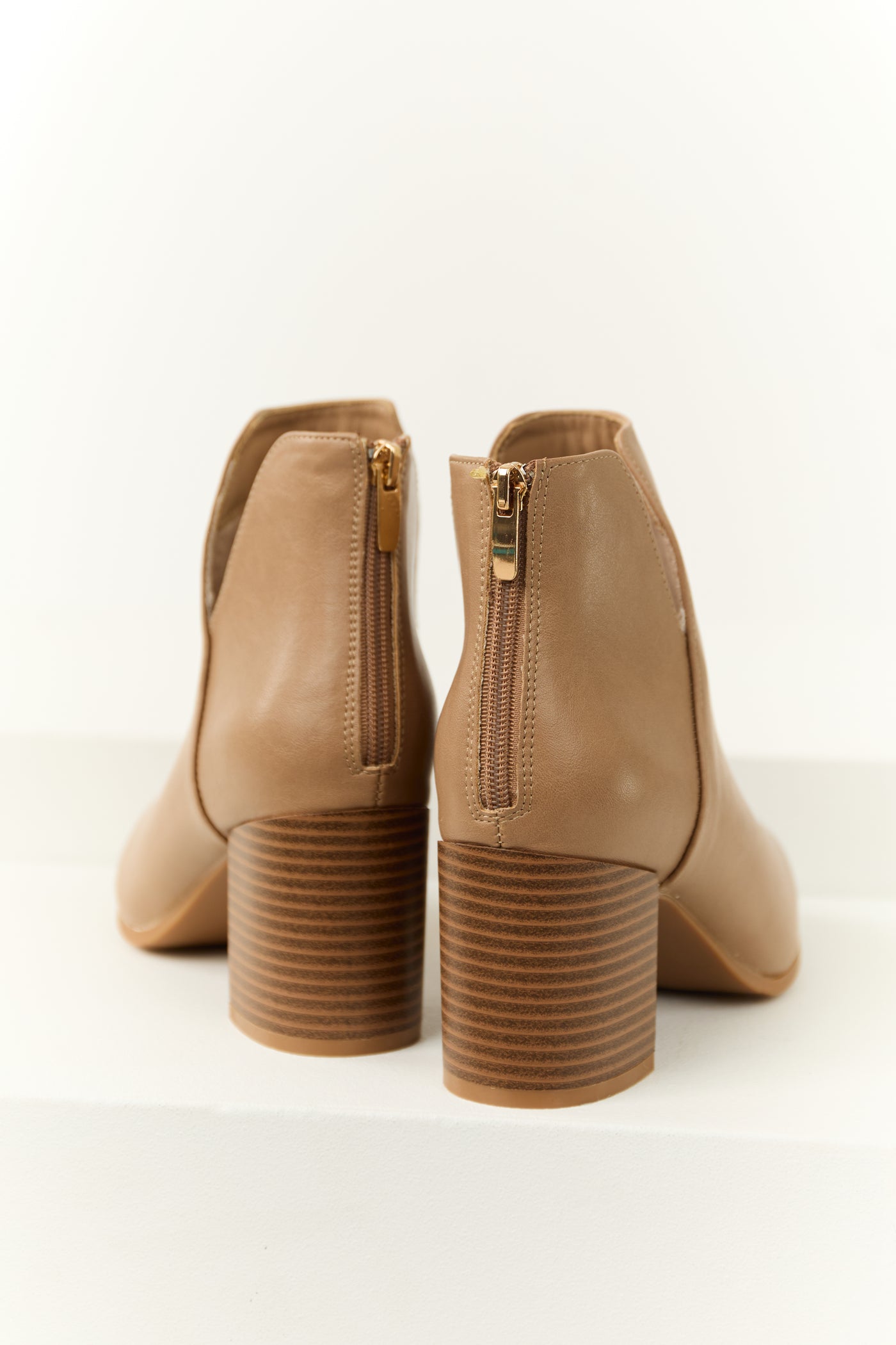 Latte Faux Leather Pointed Toe Block Heel Booties