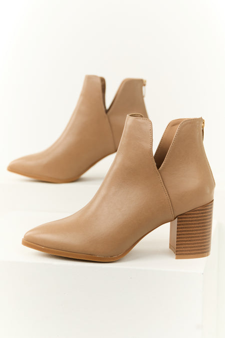 Latte Faux Leather Pointed Toe Block Heel Booties