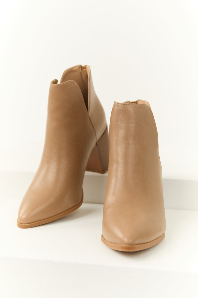 Latte Faux Leather Pointed Toe Block Heel Booties