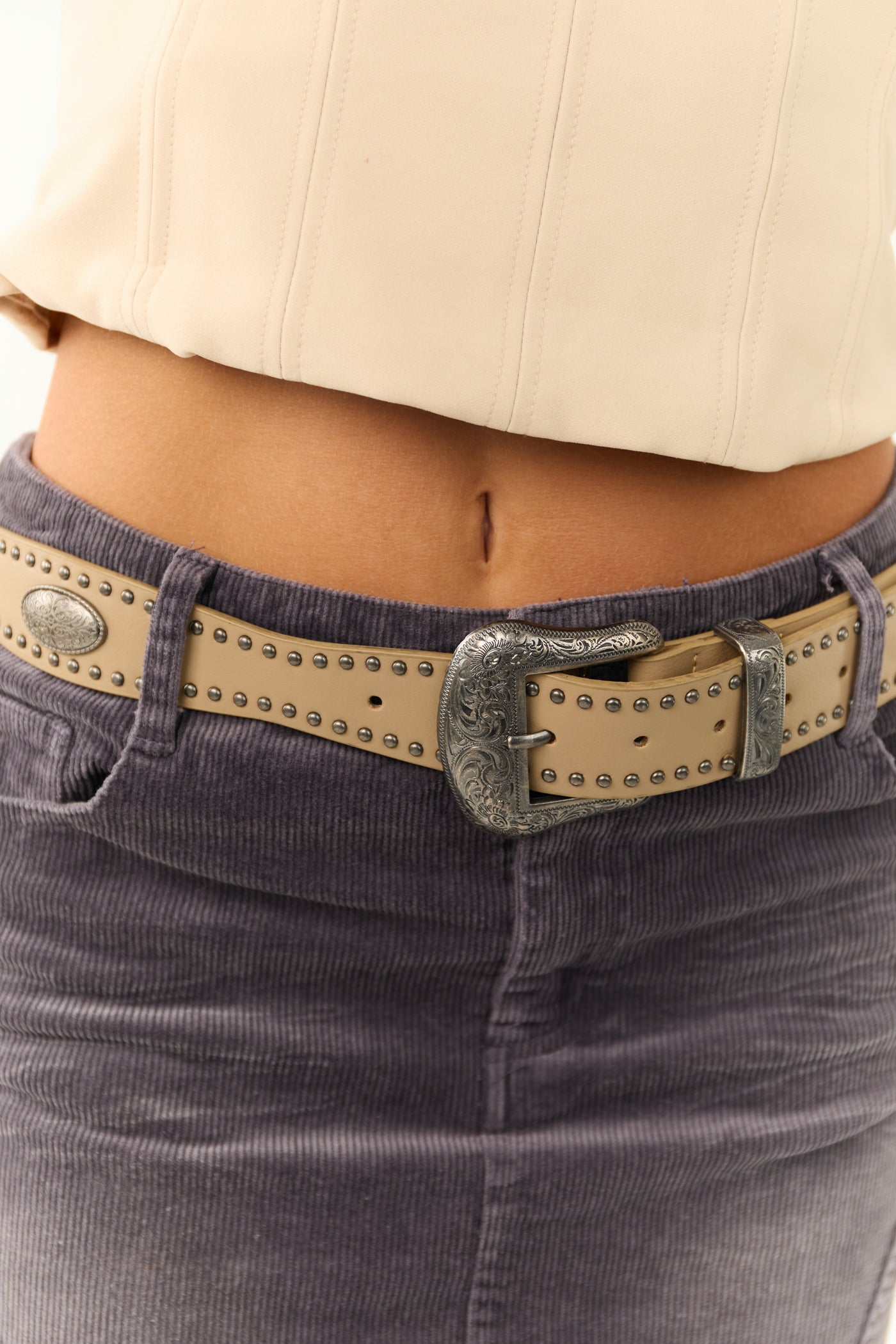 Latte Faux Leather Studded Trim Etched Buckle Belt