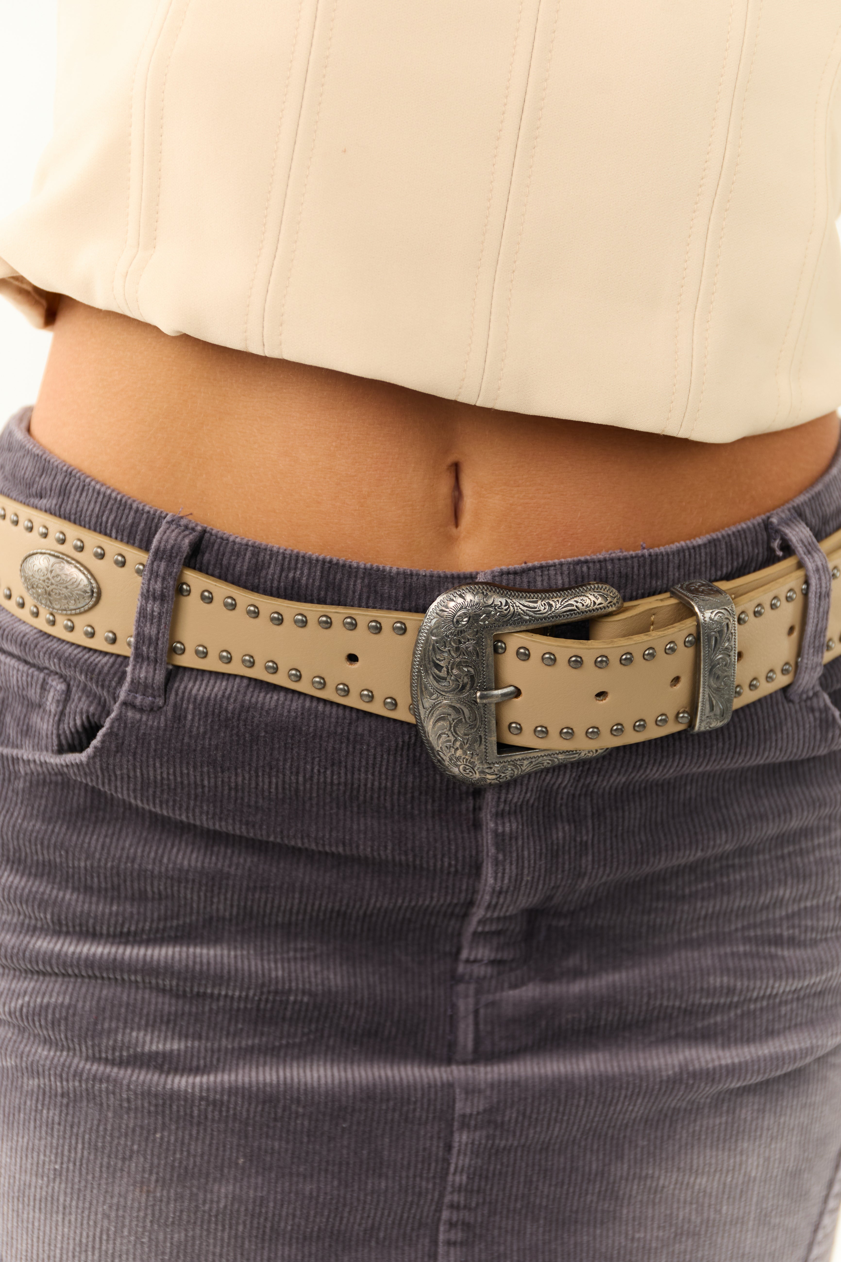 Latte Faux Leather Studded Trim Etched Buckle Belt