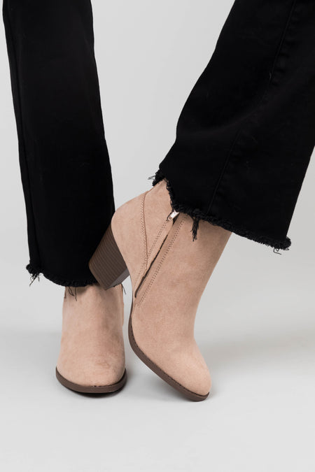 Latte Faux Suede Block Heel Ankle Booties