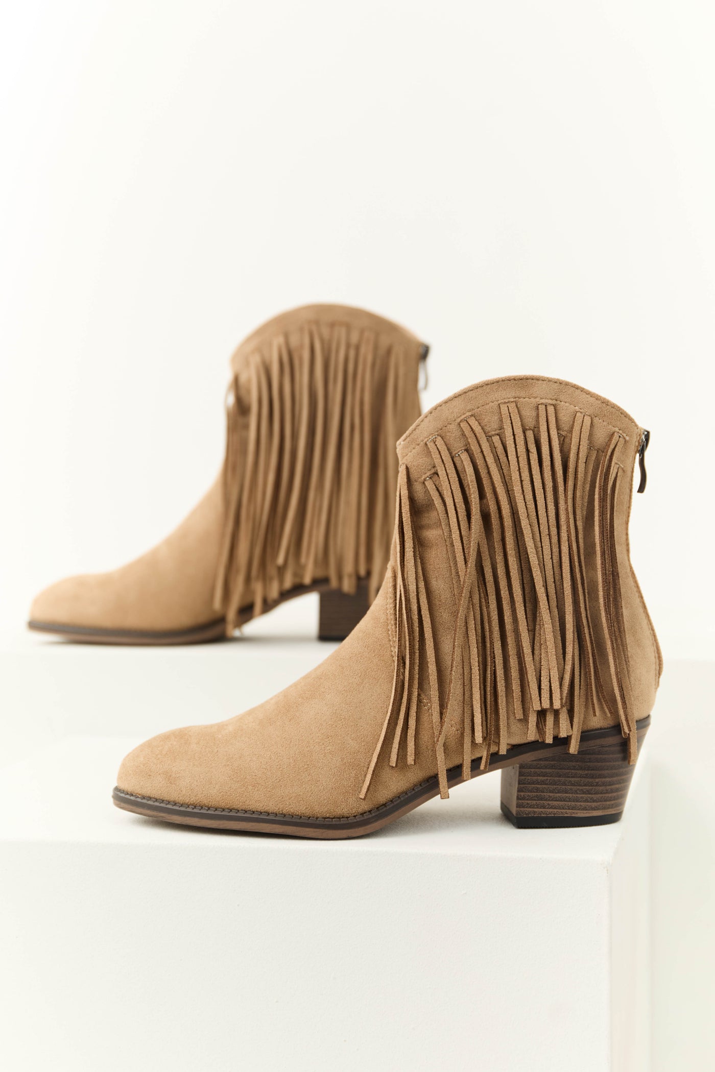 Latte Faux Suede Fringe Heeled Booties