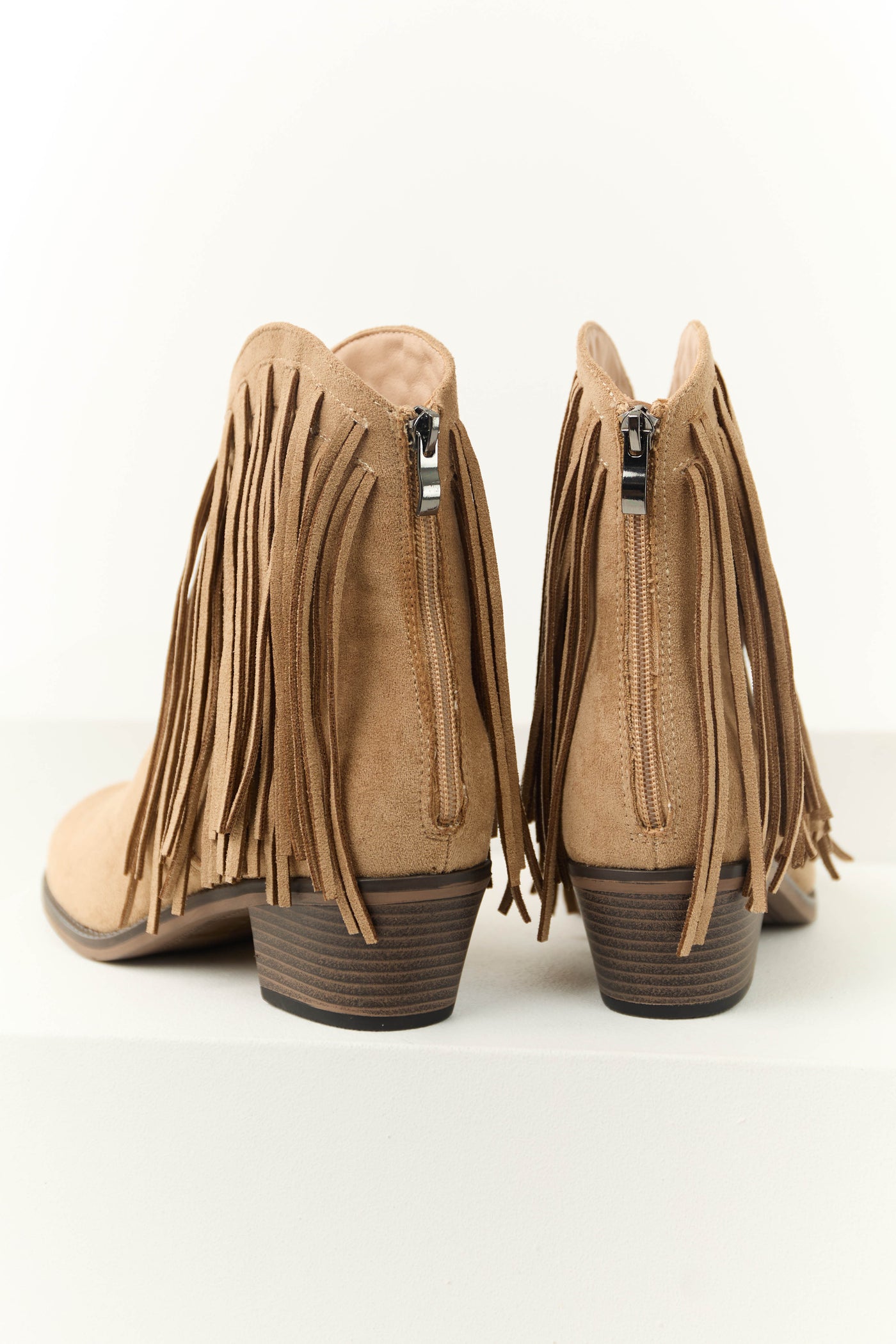 Latte Faux Suede Fringe Heeled Booties