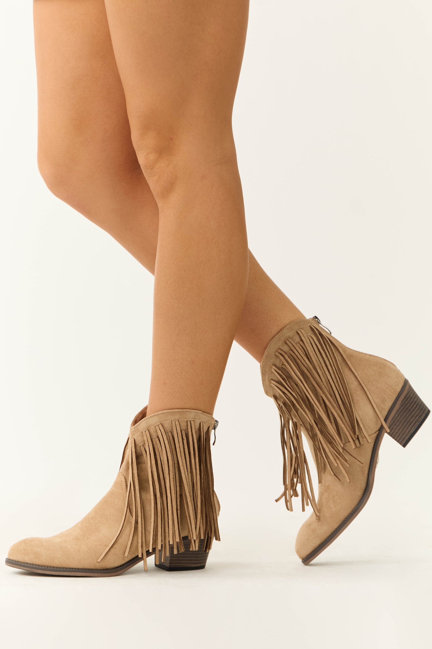 Latte Faux Suede Fringe Heeled Booties