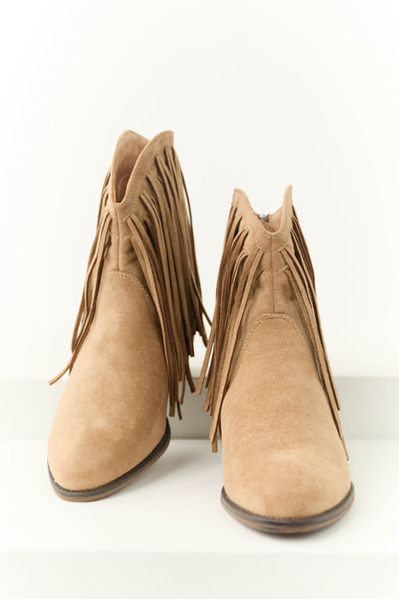 Latte Faux Suede Fringe Heeled Booties