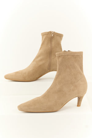 Latte Faux Suede Pointed Toe Ankle Booties with Heel