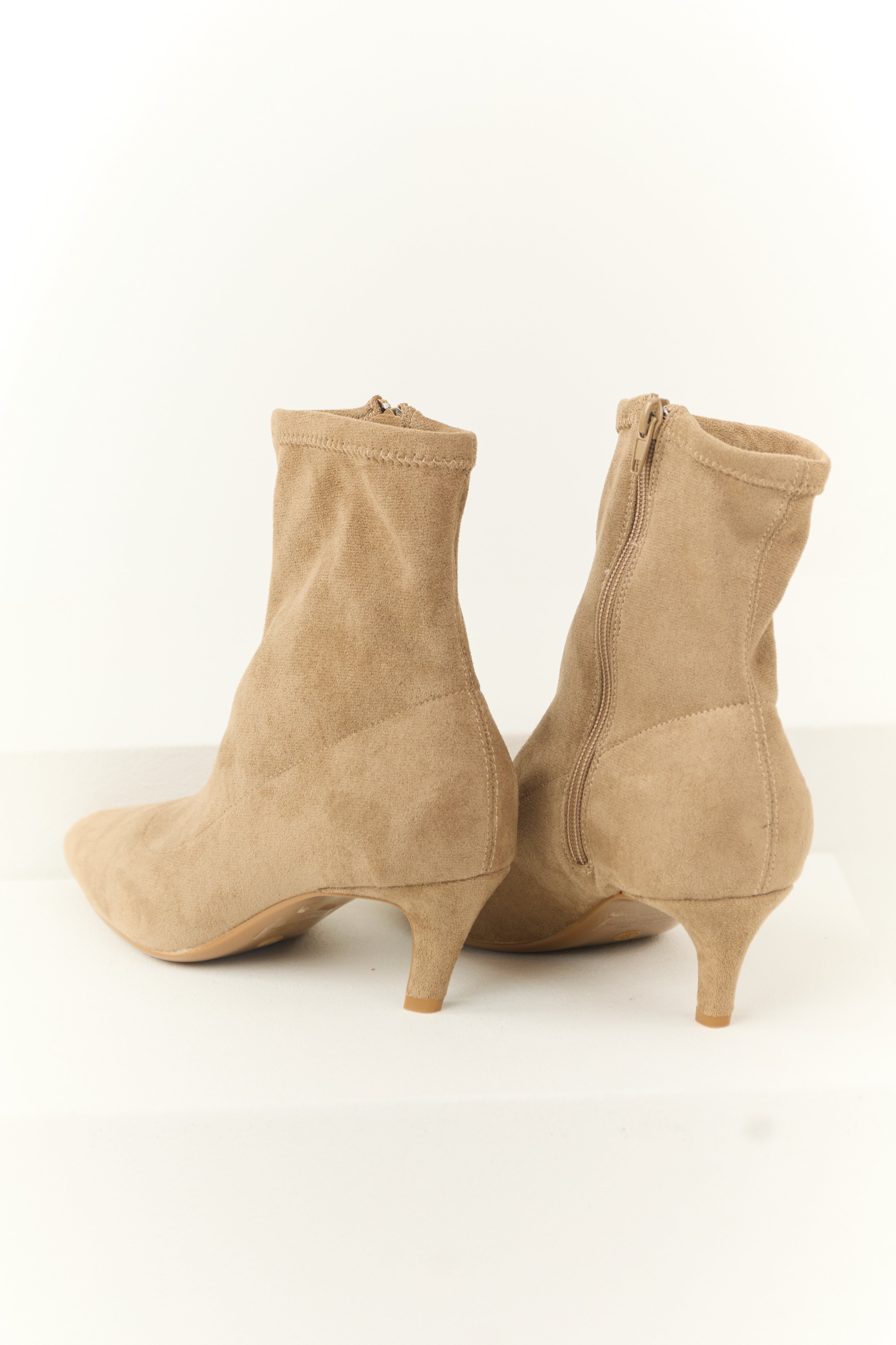 Latte Faux Suede Pointed Toe Ankle Booties with Heel