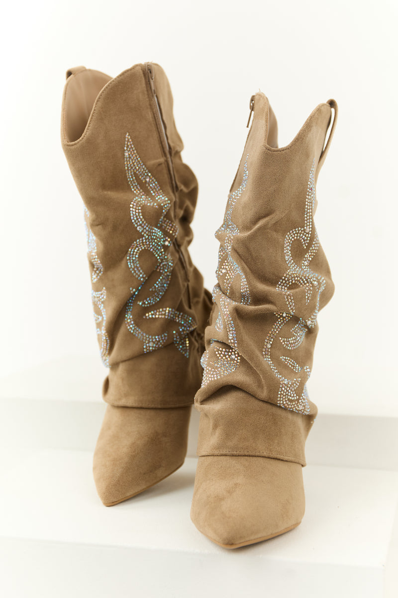 Latte Faux Suede Rhinestone Overlay Boots