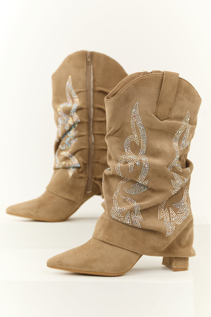 Latte Faux Suede Rhinestone Overlay Boots