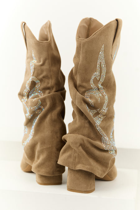 Latte Faux Suede Rhinestone Overlay Boots