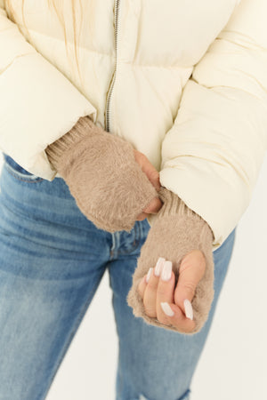 Latte Fuzzy Knit Fingerless Gloves