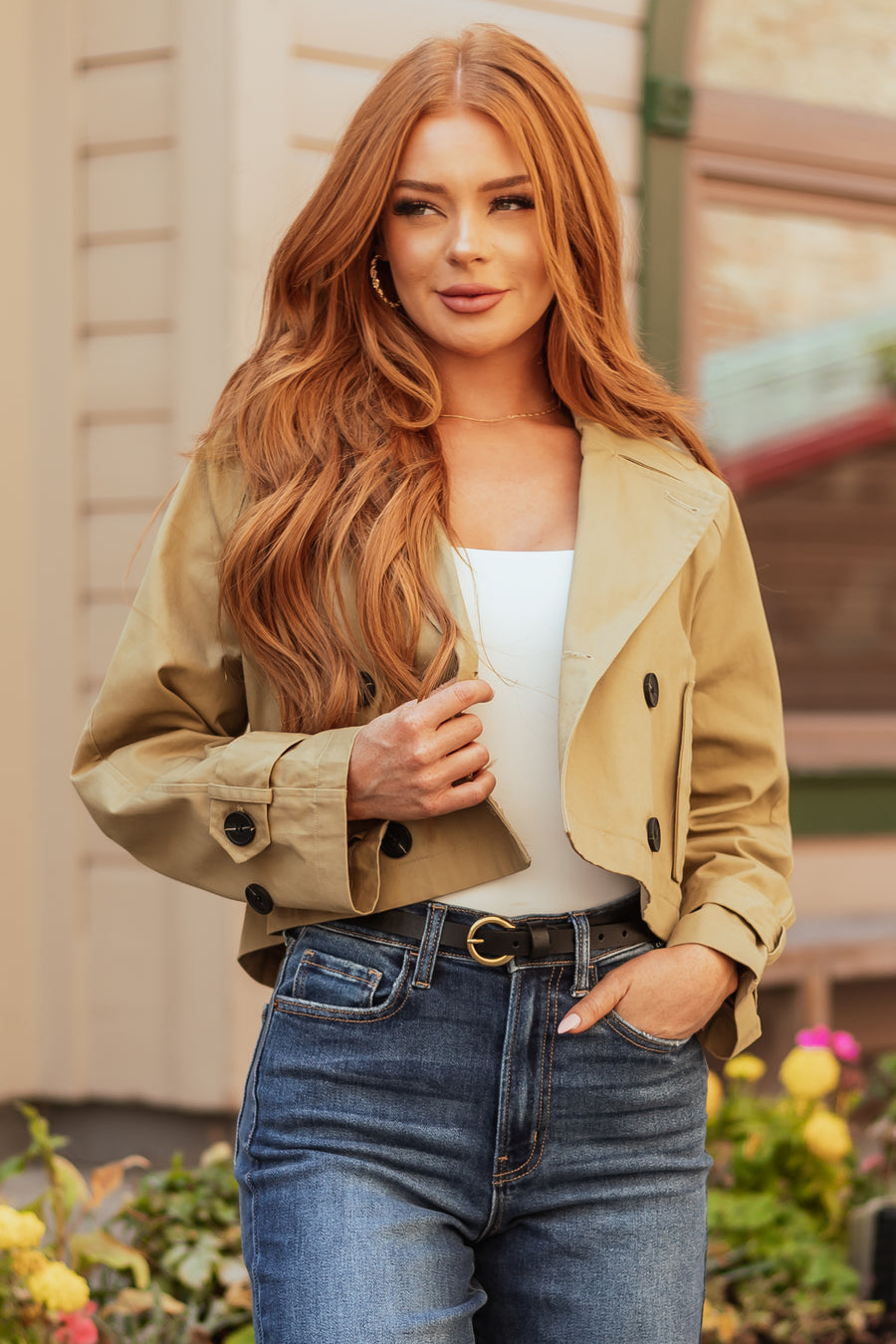 Latte Long Sleeve Buttoned Crop Trench Jacket