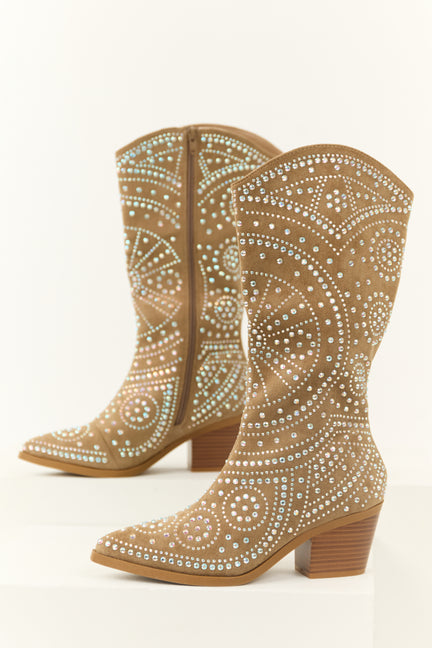 Latte Rhinestone Studded Western Boots