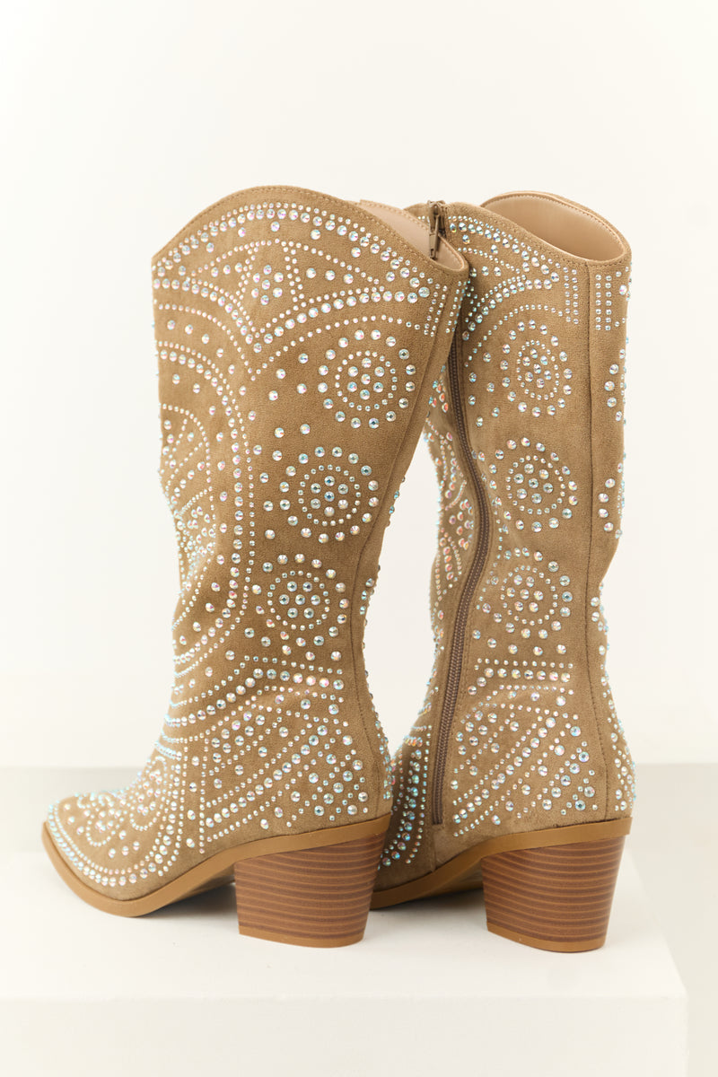 Latte Rhinestone Studded Western Boots