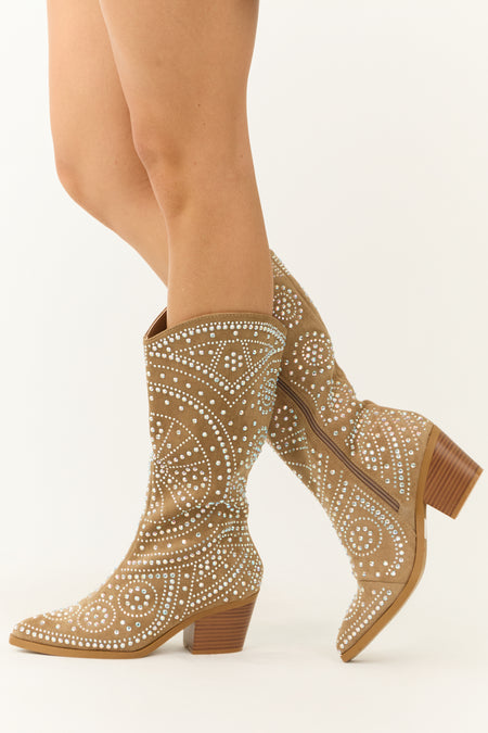 Latte Rhinestone Studded Western Boots