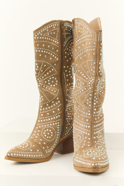 Latte Rhinestone Studded Western Boots