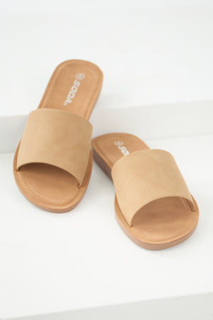 Latte Solid Band Flat Slide Open Toe Sandals