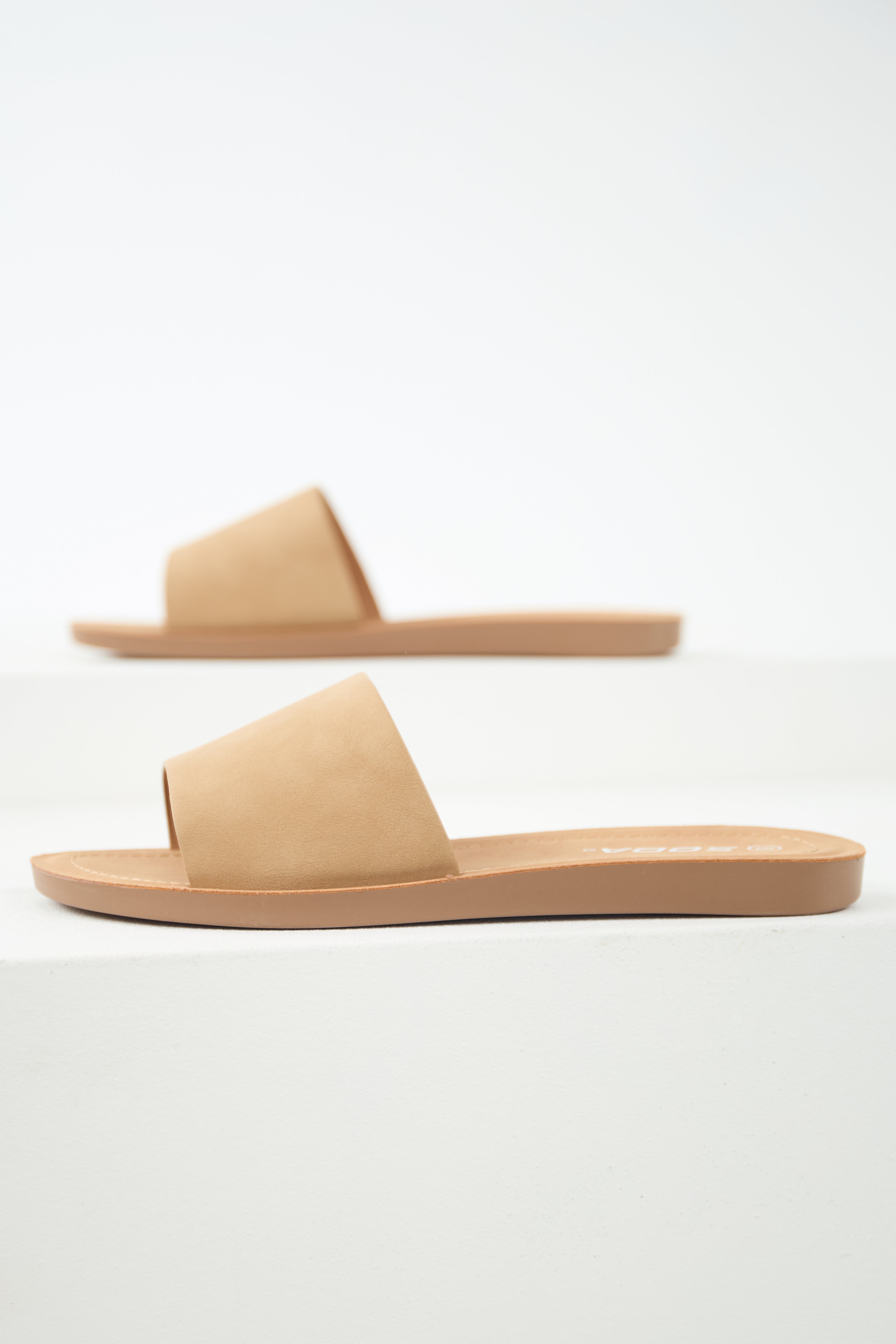 Latte Solid Band Flat Slide Open Toe Sandals