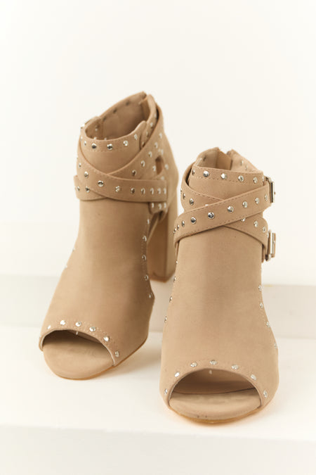 Latte Studded Buckle Straps Open Toed Heels