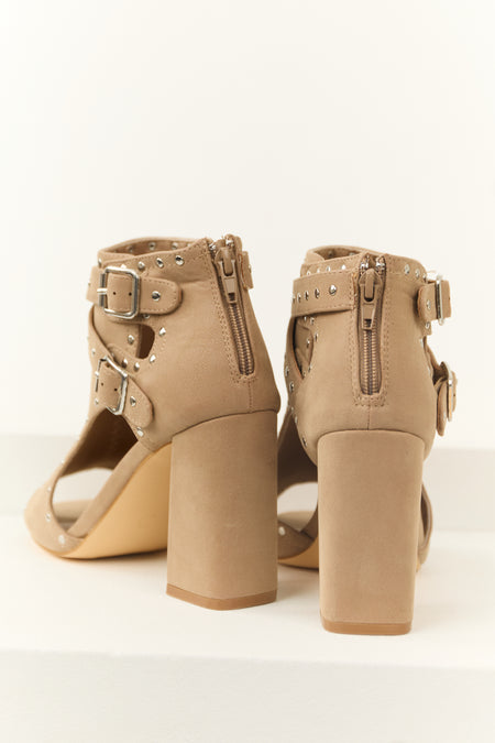 Latte Studded Buckle Straps Open Toed Heels