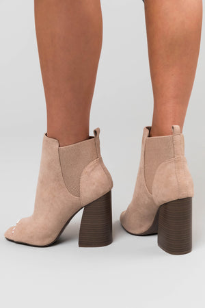 Latte Suede Peep Toe Chunky Heel Booties