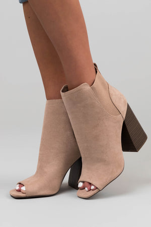 Latte Suede Peep Toe Chunky Heel Booties