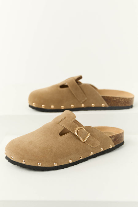 Latte Suede Studded Trim Clog Slip On Sandals