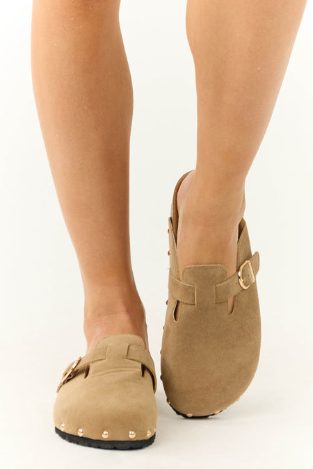 Latte Suede Studded Trim Clog Slip On Sandals