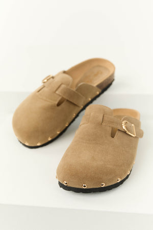 Latte Suede Studded Trim Clog Slip On Sandals