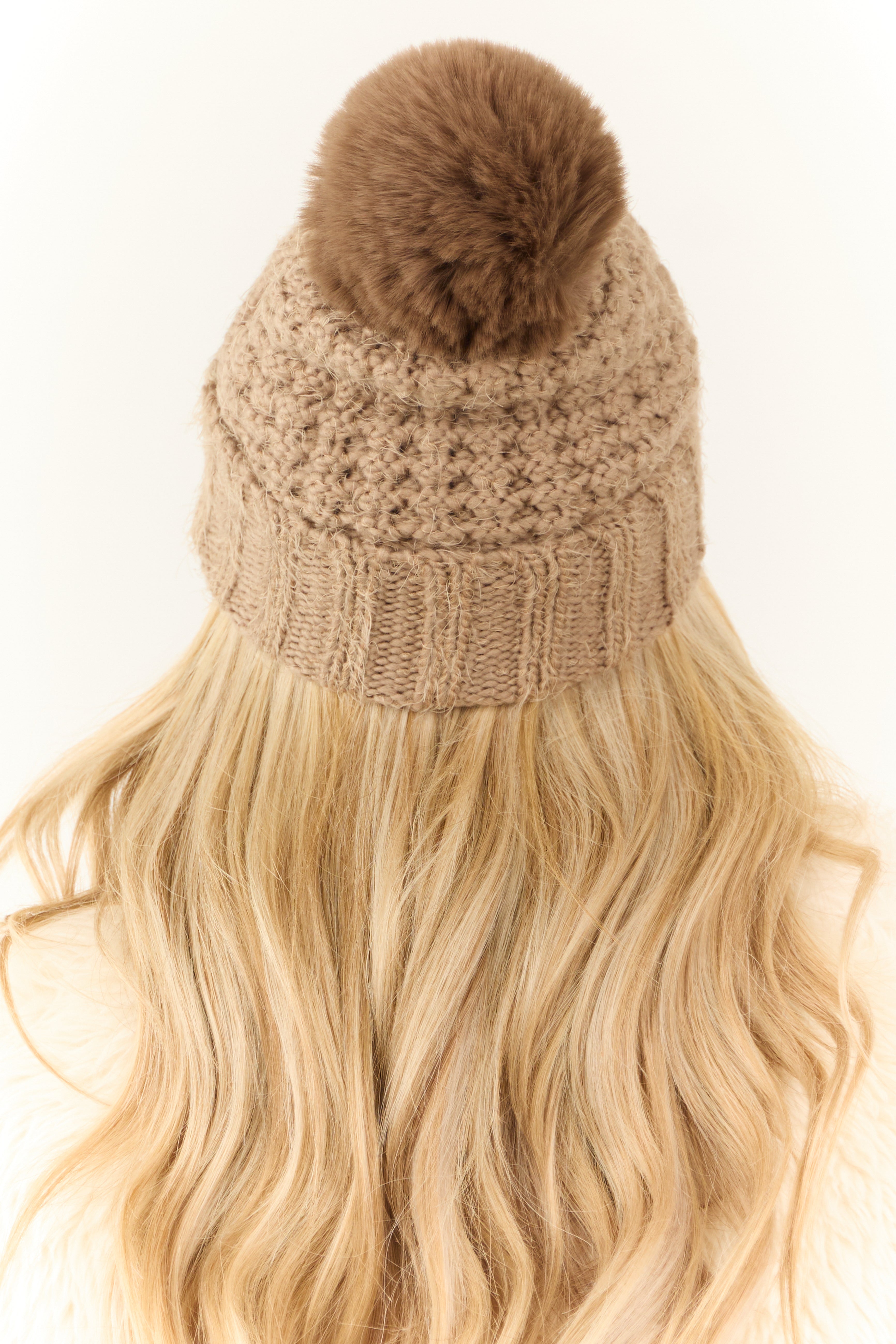 Latte Textured Knit Pom Pom Beanie