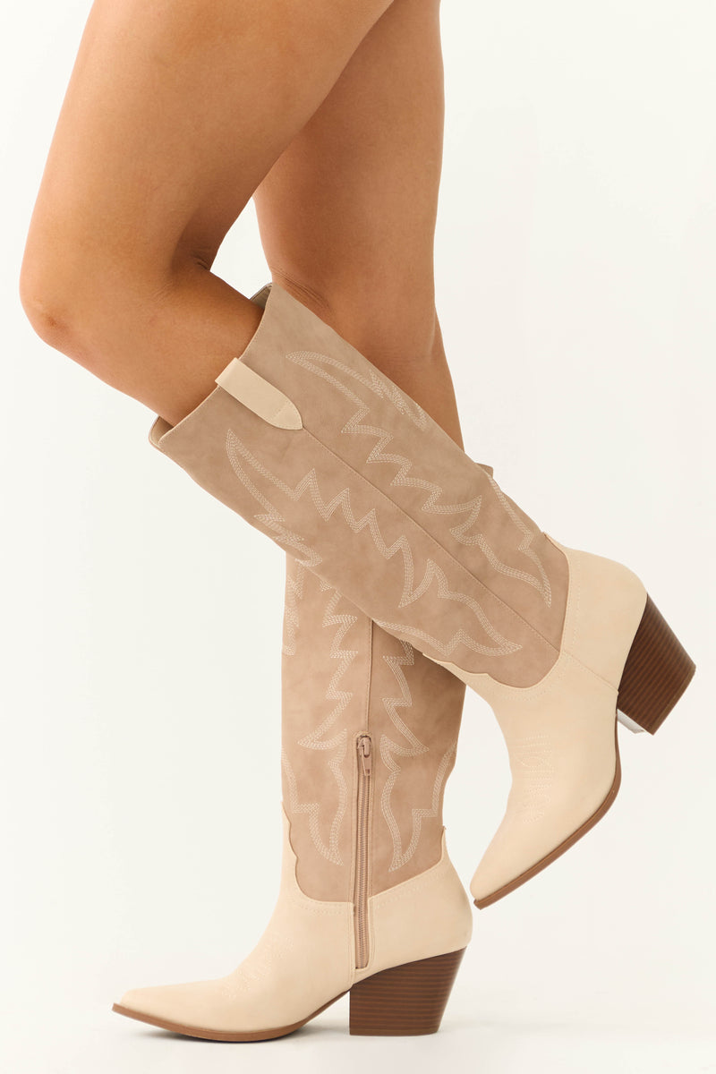 Latte Western Embroidered Pointed Toe Boots