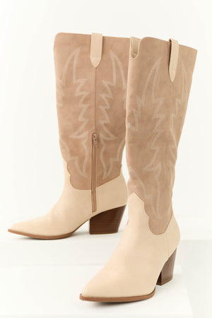 Latte Western Embroidered Pointed Toe Boots