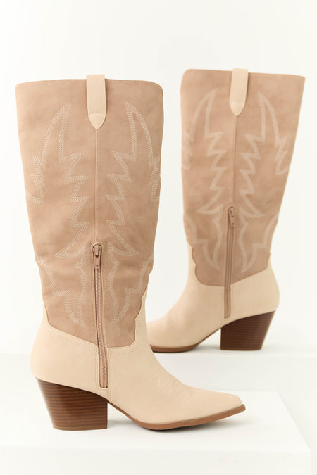 Latte Western Embroidered Pointed Toe Boots