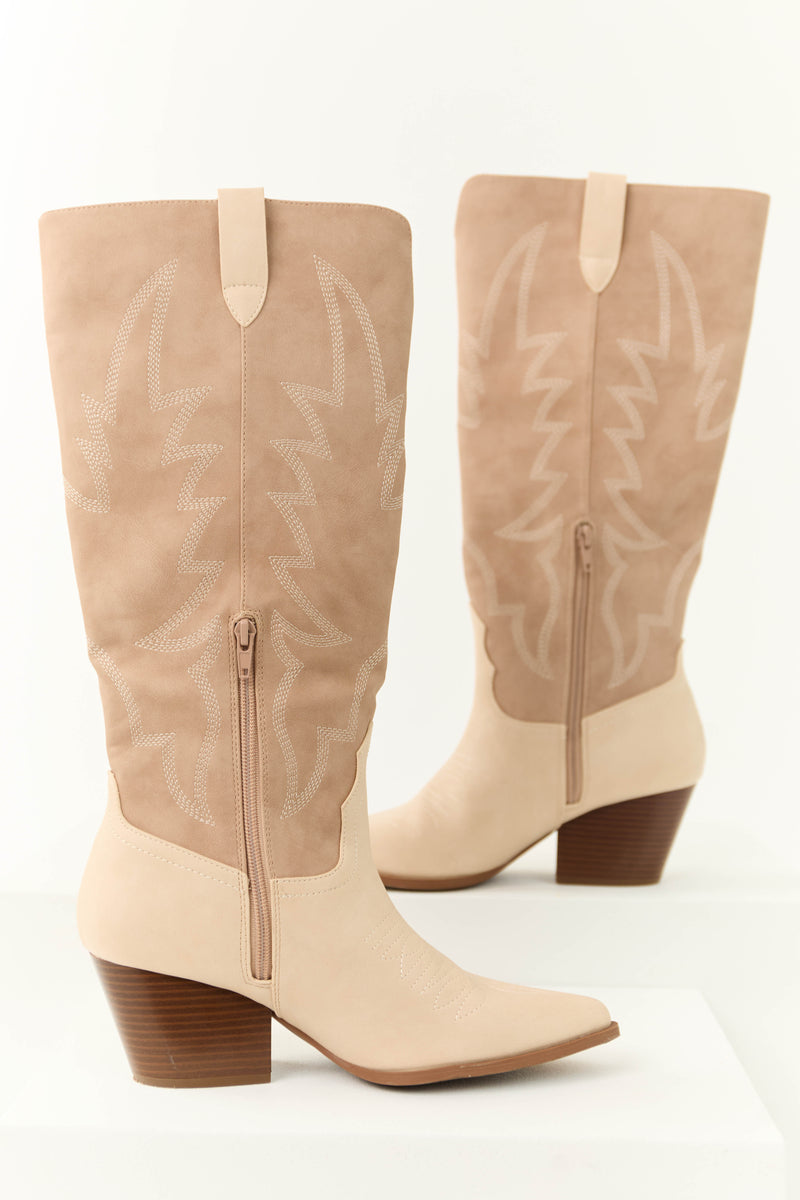 Latte Western Embroidered Pointed Toe Boots