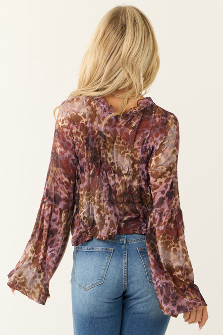 Lavender Abstract Print Button Down Frill Top