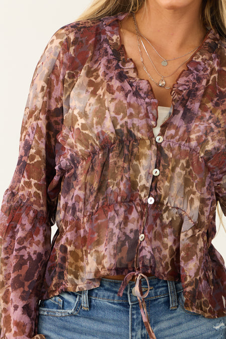 Lavender Abstract Print Button Down Frill Top