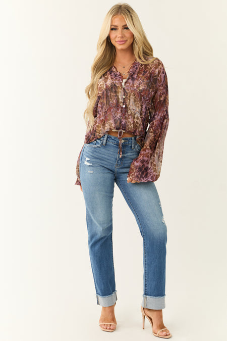 Lavender Abstract Print Button Down Frill Top