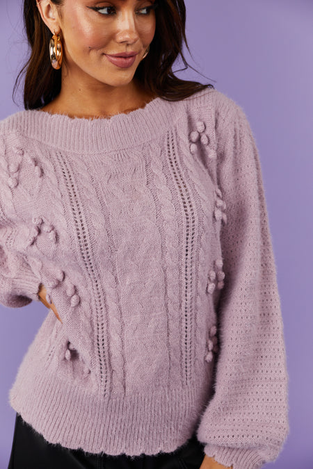 Lavender Long Sleeve Pom Pom Knit Sweater