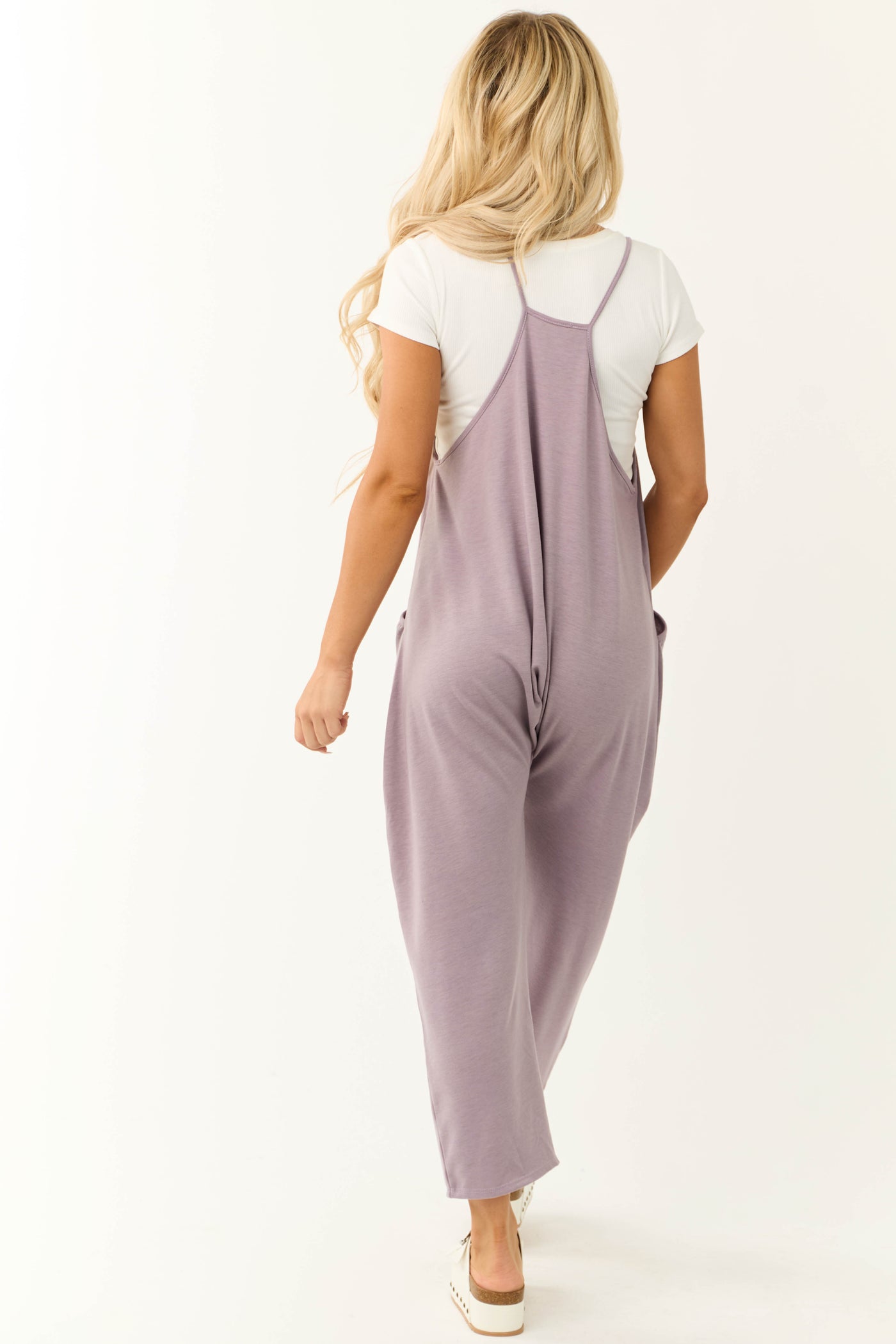 Lavender Sleeveless Front Pocket Loose Jumpsuit