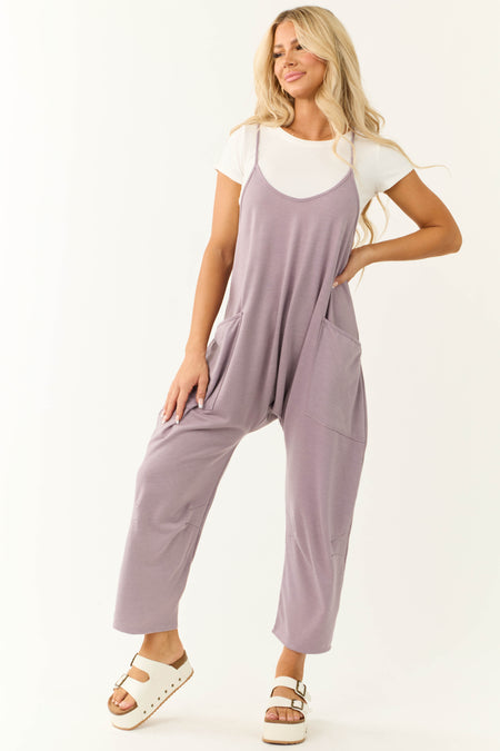 Lavender Sleeveless Front Pocket Loose Jumpsuit