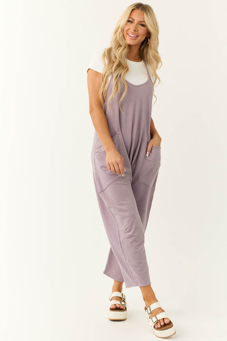 Lavender Sleeveless Front Pocket Loose Jumpsuit