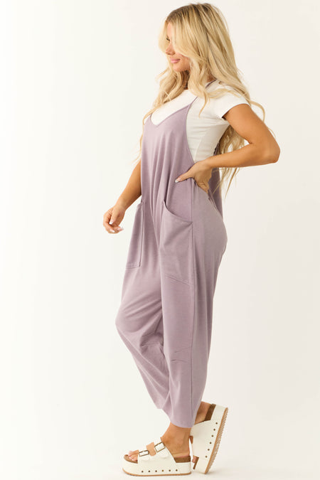 Lavender Sleeveless Front Pocket Loose Jumpsuit