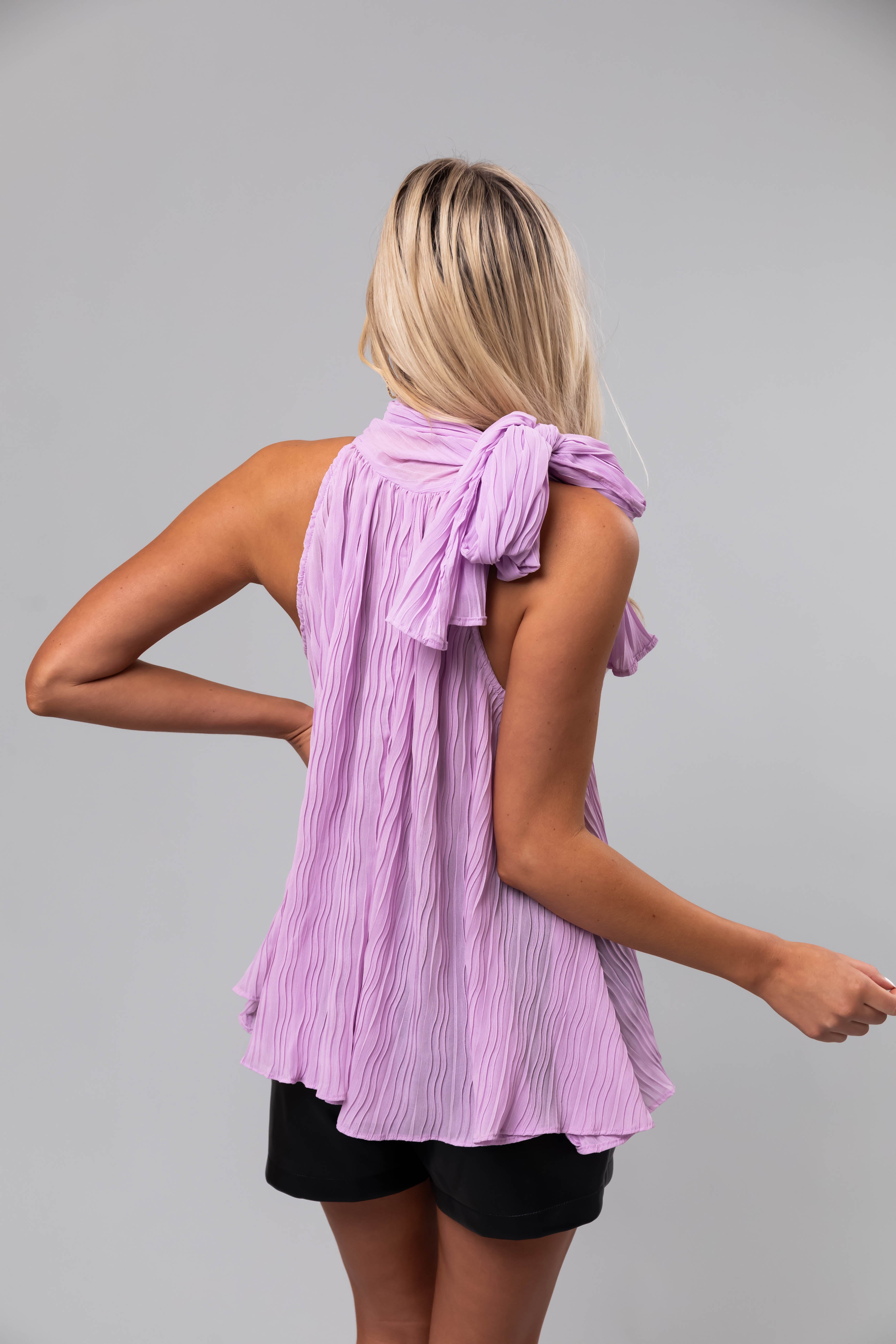 Lavender Sleeveless Neck Tie Pleated Blouse