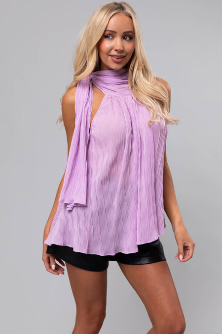 Lavender Sleeveless Neck Tie Pleated Blouse