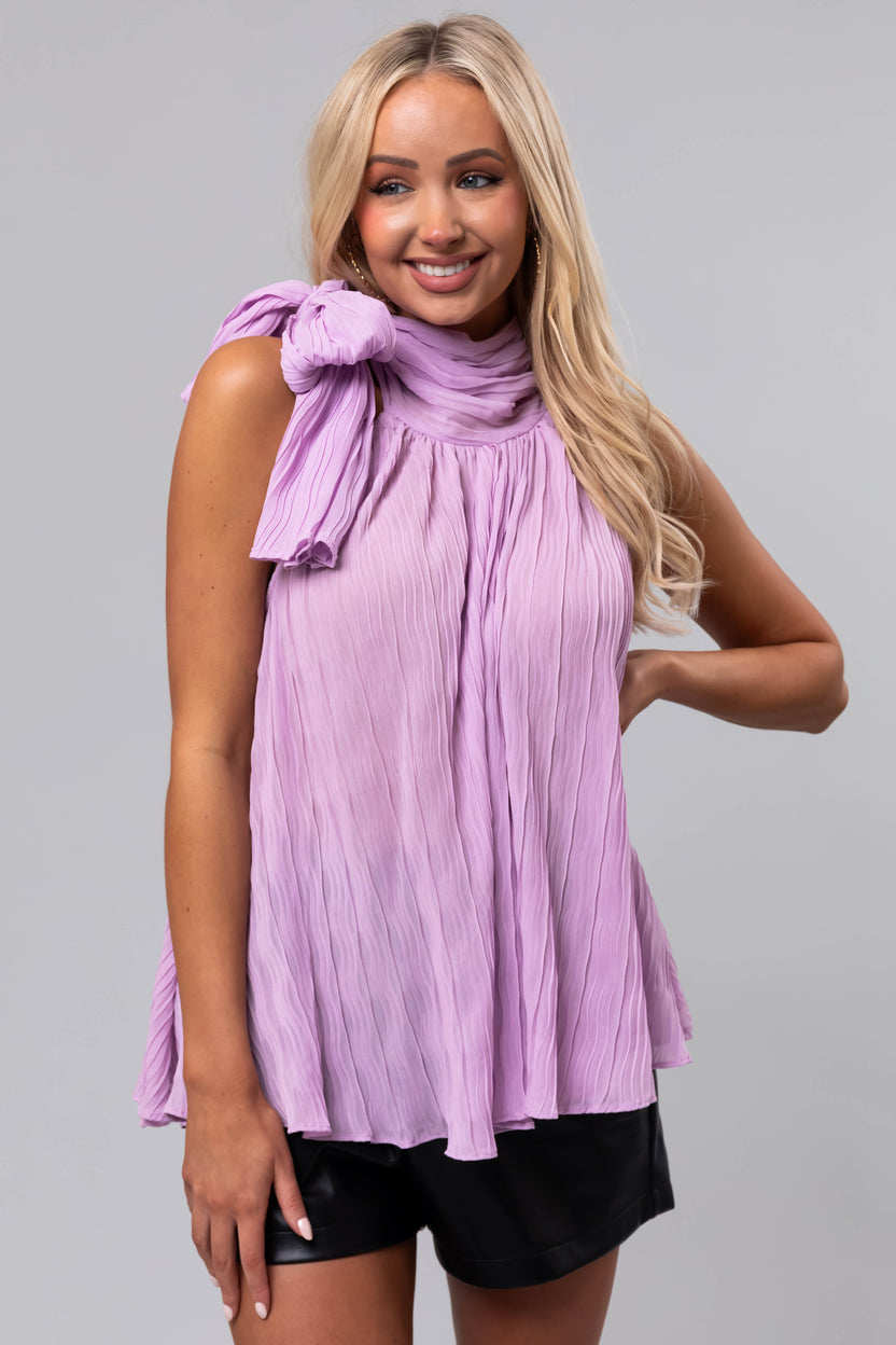 Lavender Sleeveless Neck Tie Pleated Blouse