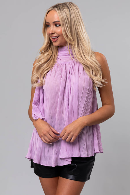 Lavender Sleeveless Neck Tie Pleated Blouse