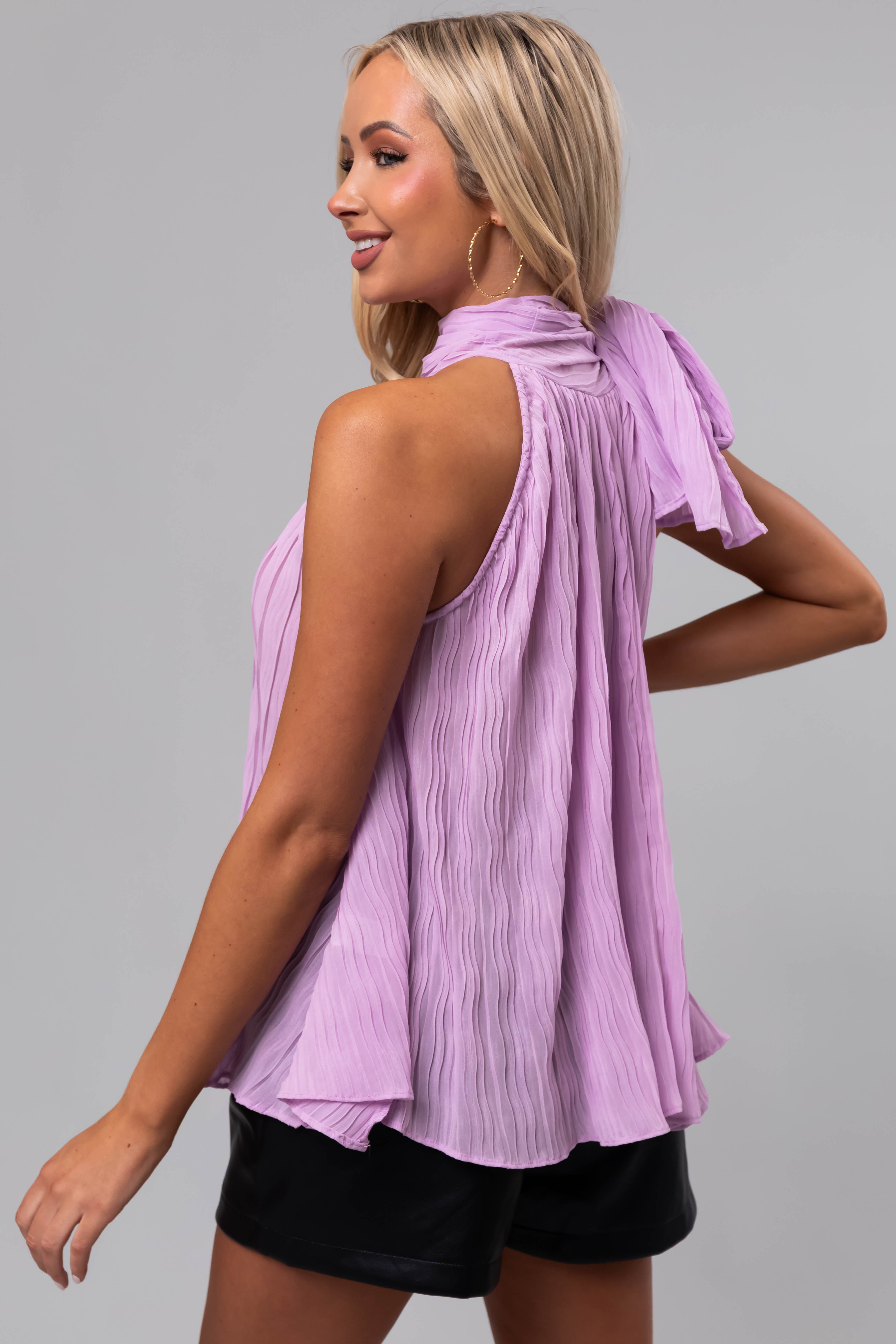 Lavender Sleeveless Neck Tie Pleated Blouse